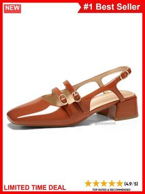 Mary Jane Slingback Chunky Low Heels Square Toe Pumps